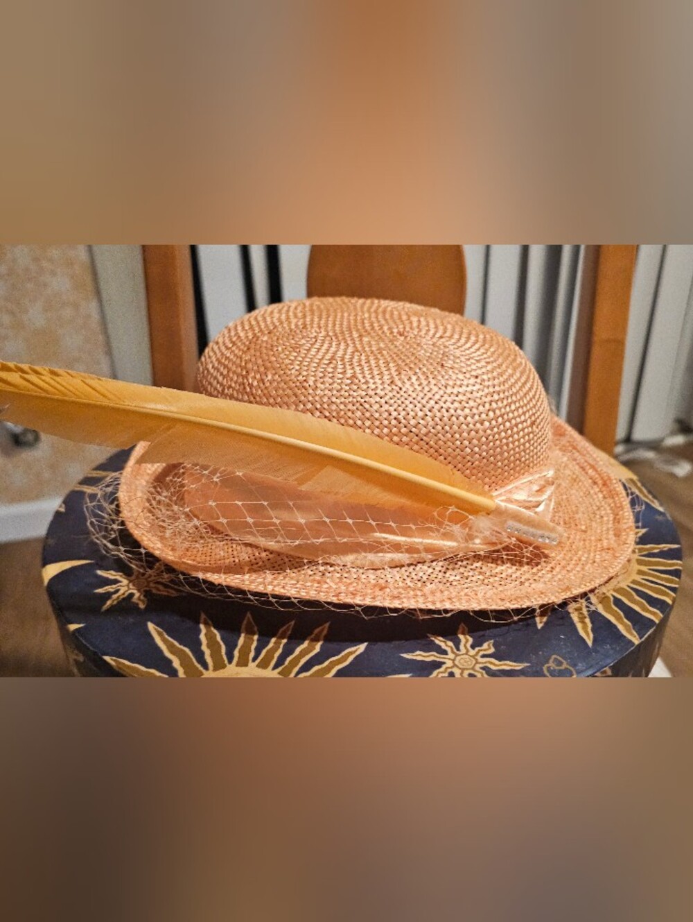 Straw Pillbox Hat with Feather and Veil - Peach